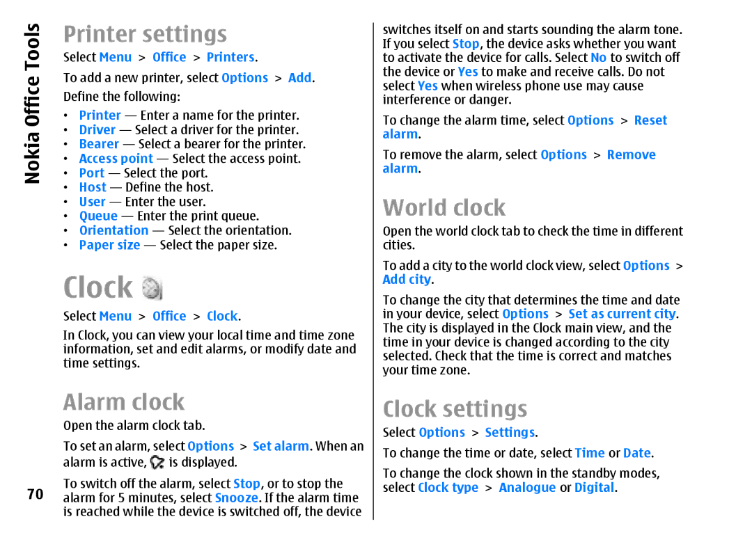 Nokia E51 manual Printer settings, Alarm clock, World clock, Clock settings 