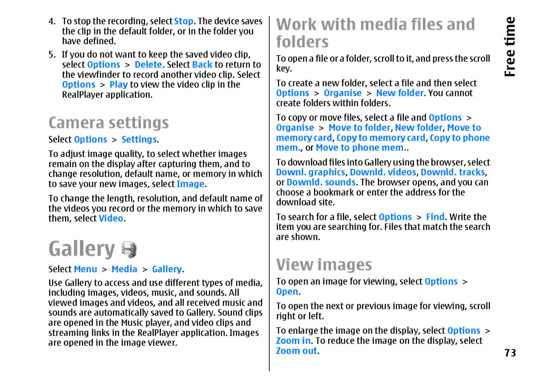 Nokia E51 manual Gallery, Camera settings, Work with media files, Folders, View images 