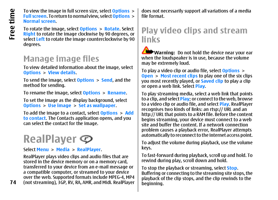 Nokia E51 manual RealPlayer, Manage image files, Play video clips and stream links, Free 