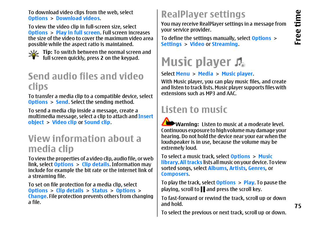 Nokia E51 manual Music player, Send audio files and video clips, View information about a media clip, RealPlayer settings 