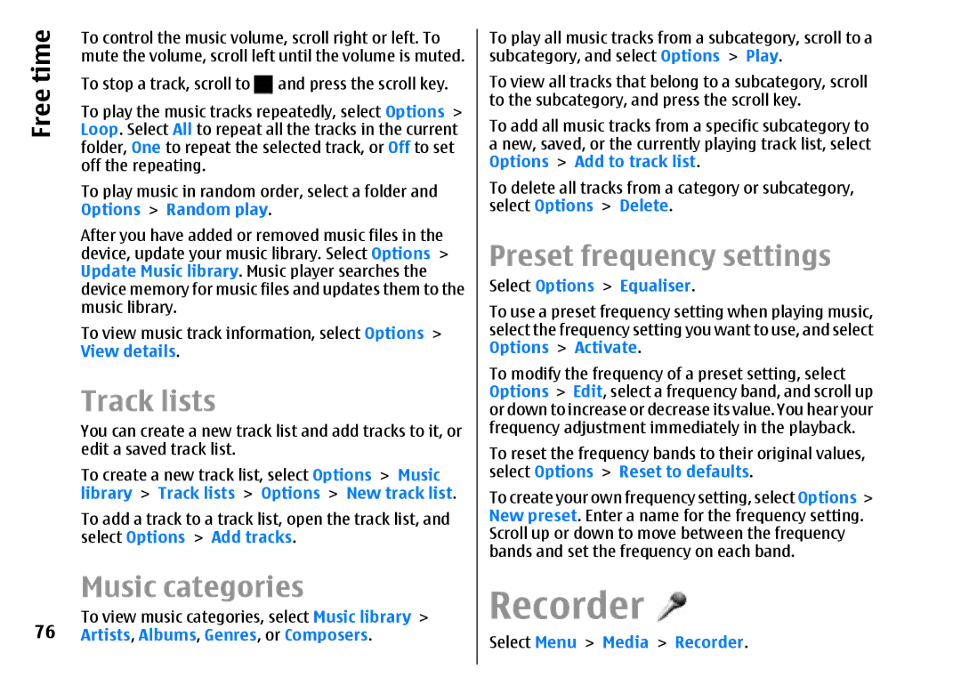 Nokia E51 manual Recorder, Track lists, Music categories, Preset frequency settings 