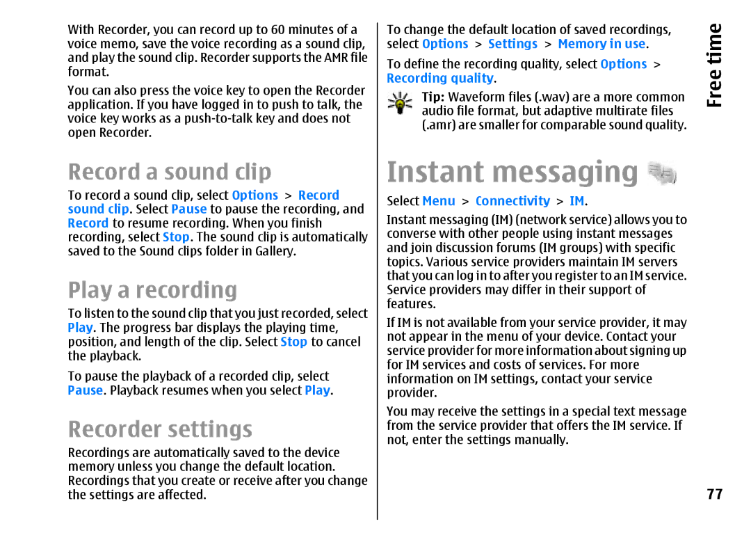 Nokia E51 manual Instant messaging, Record a sound clip, Play a recording, Recorder settings 