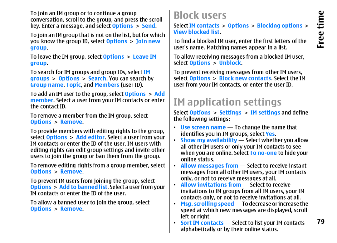 Nokia E51 manual Block users, IM application settings, Options Blocking options, Select Options Unblock 