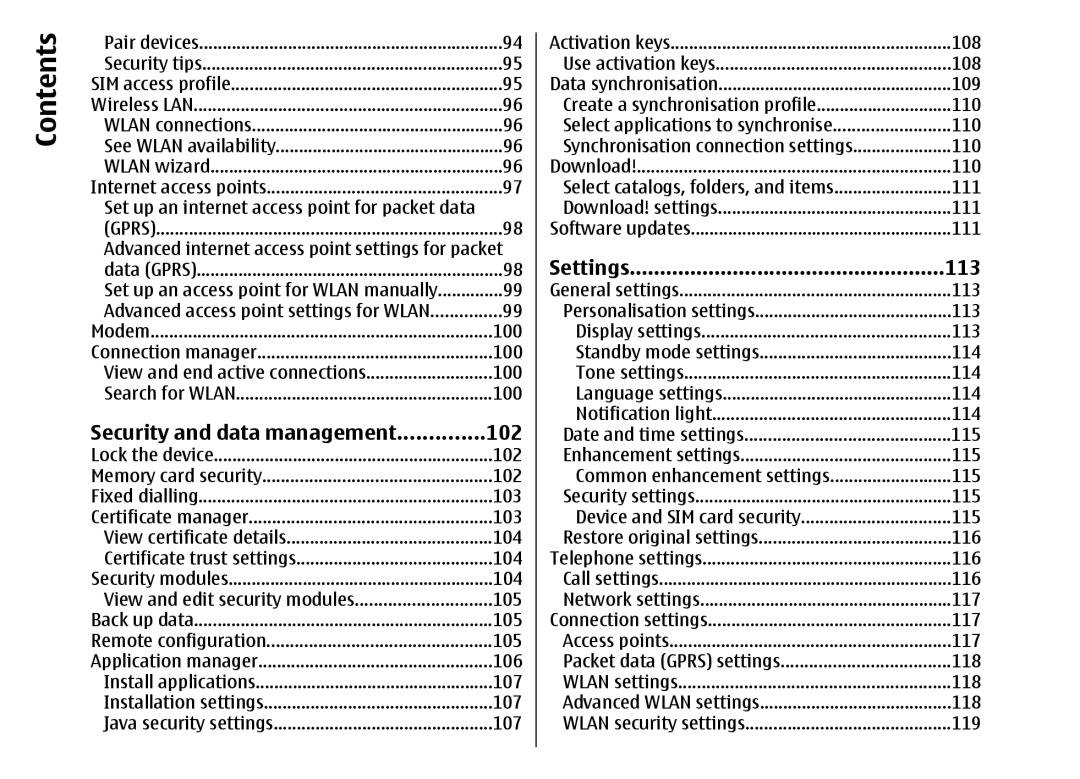 Nokia E51 manual Security and data management 102, Settings 113 