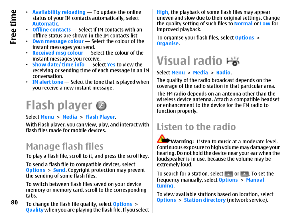 Nokia E51 manual Flash player, Visual radio, Manage flash files, Listen to the radio 