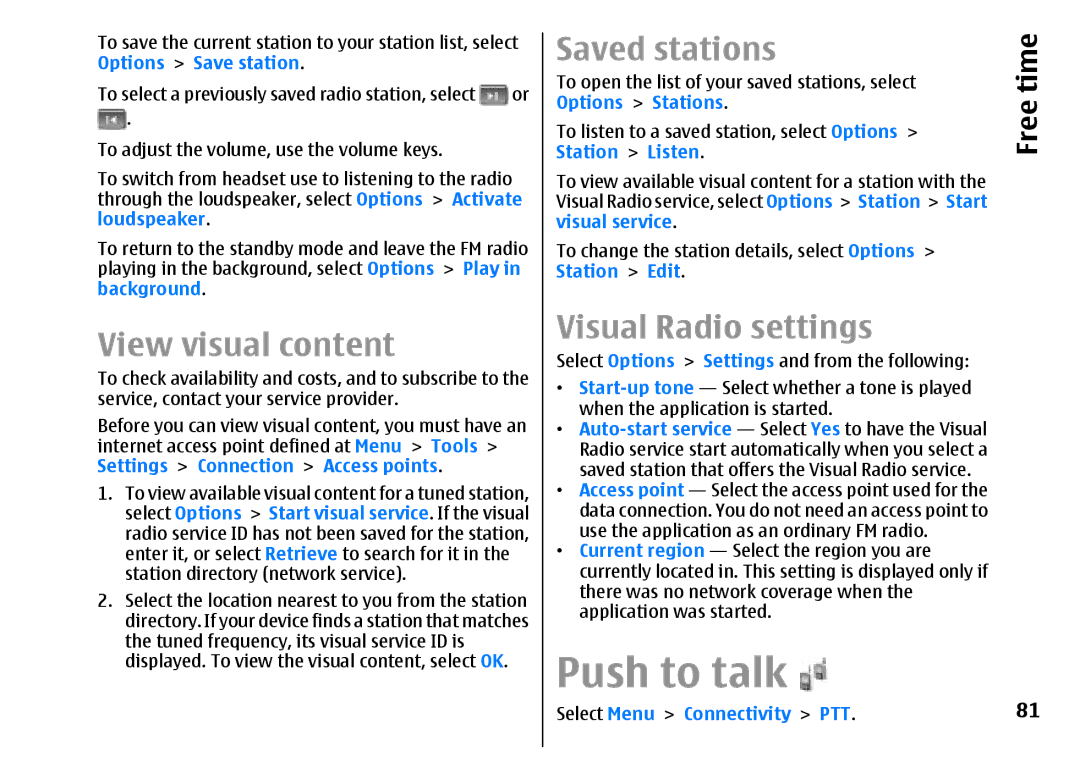 Nokia E51 manual Push to talk, View visual content, Saved stations, Visual Radio settings 