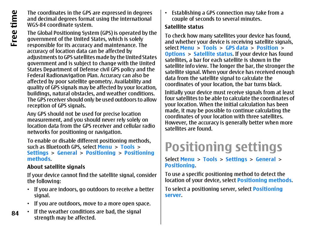 Nokia E51 Positioning settings, About satellite signals, Satellite status, Select Menu Tools Settings General Positioning 