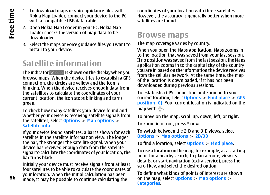 Nokia E51 manual Satellite information, Browse maps 