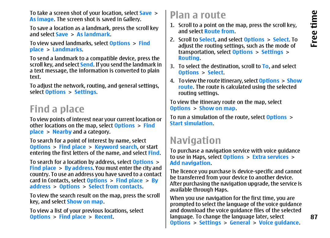 Nokia E51 manual Find a place, Plan a route, Navigation, Routing, Options Select 