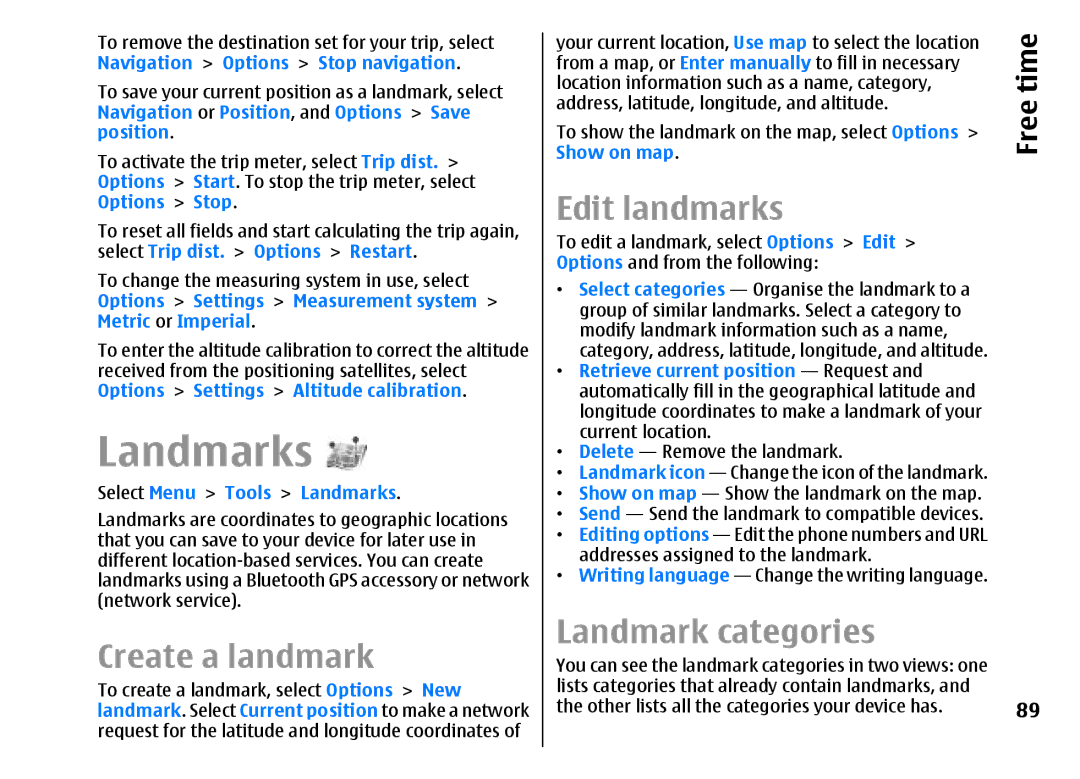 Nokia E51 manual Landmarks, Create a landmark, Edit landmarks, Landmark categories 