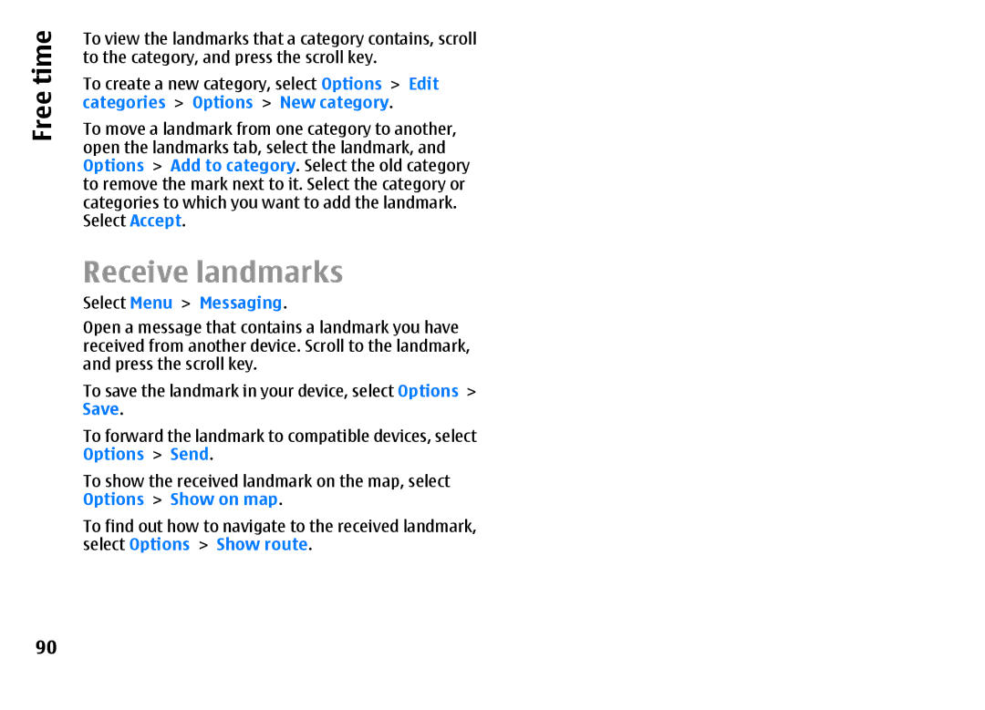 Nokia E51 manual Receive landmarks, Free time 