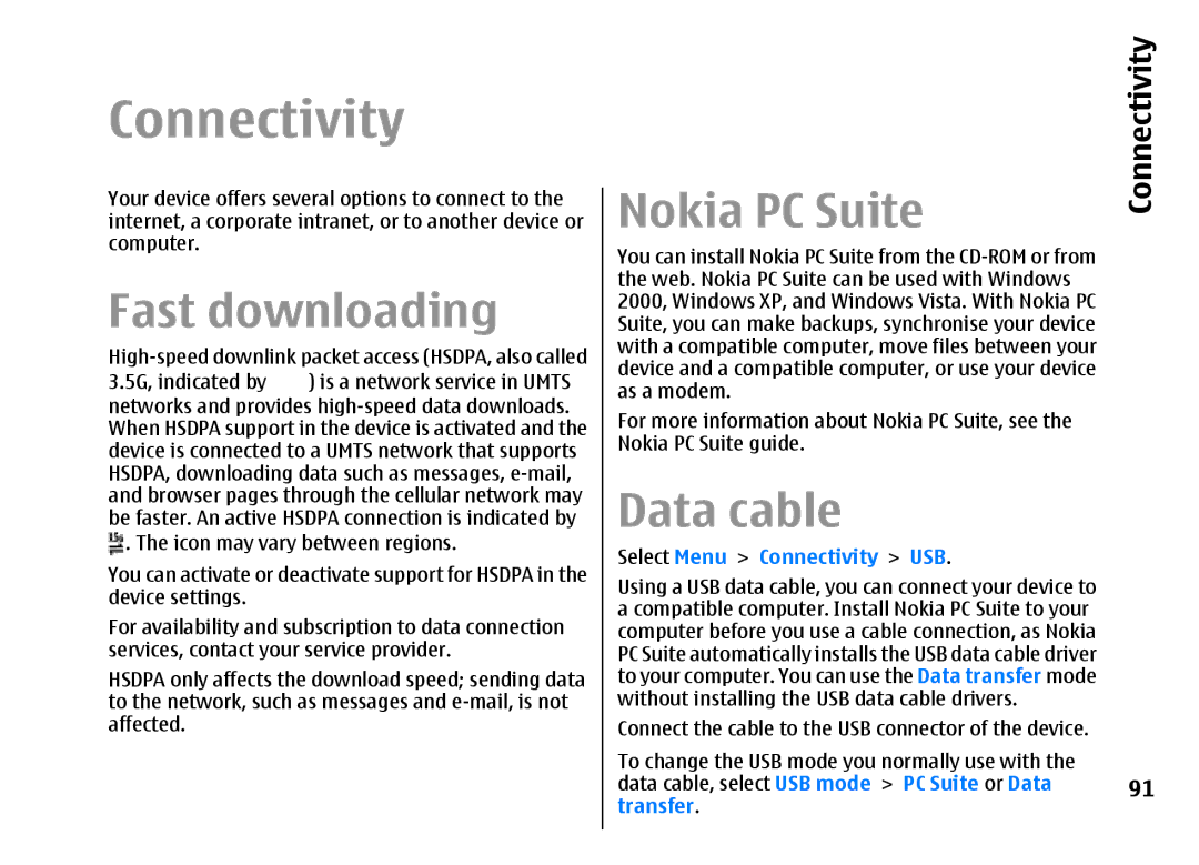 Nokia E51 manual Connectivity, Fast downloading, Nokia PC Suite, Data cable 