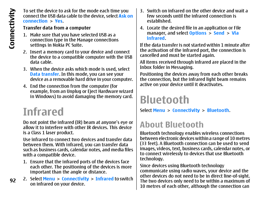 Nokia E51 manual Infrared, About Bluetooth, Connection Yes, Select Menu Connectivity Bluetooth 