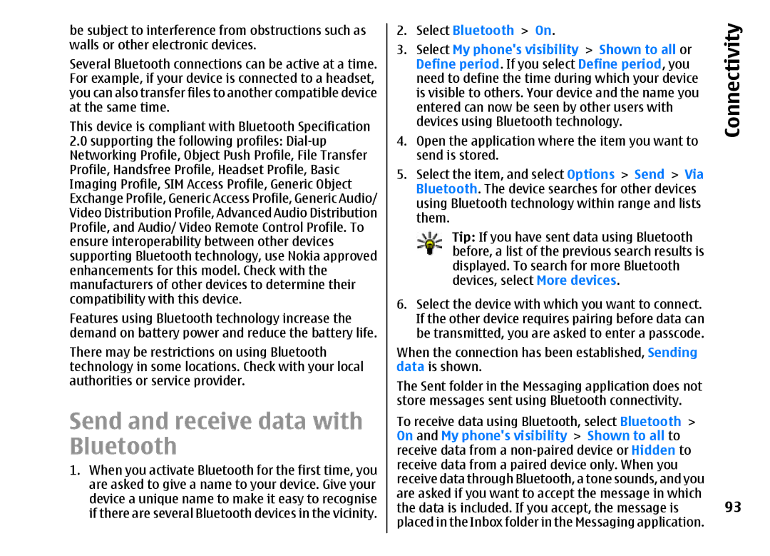 Nokia E51 manual Send and receive data with Bluetooth 