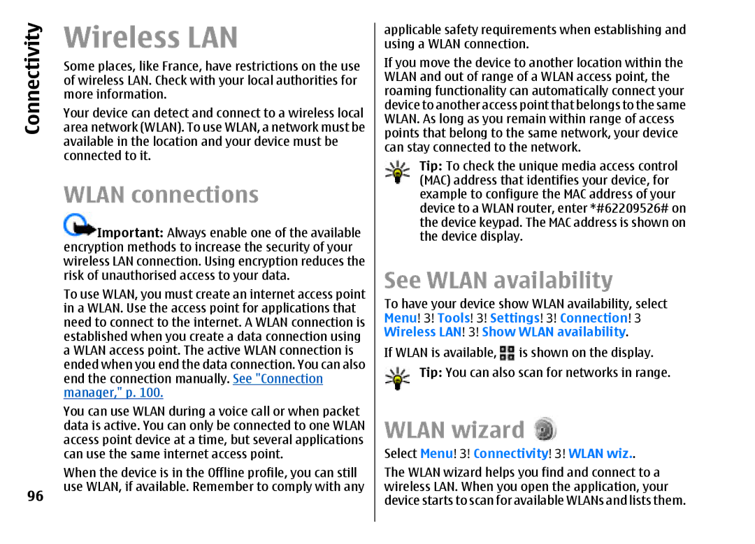 Nokia E51 manual Wireless LAN, Wlan connections, See Wlan availability, Wlan wizard 