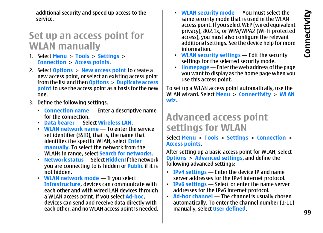 Nokia E51 Set up an access point for Wlan manually, Advanced access point Settings for Wlan 