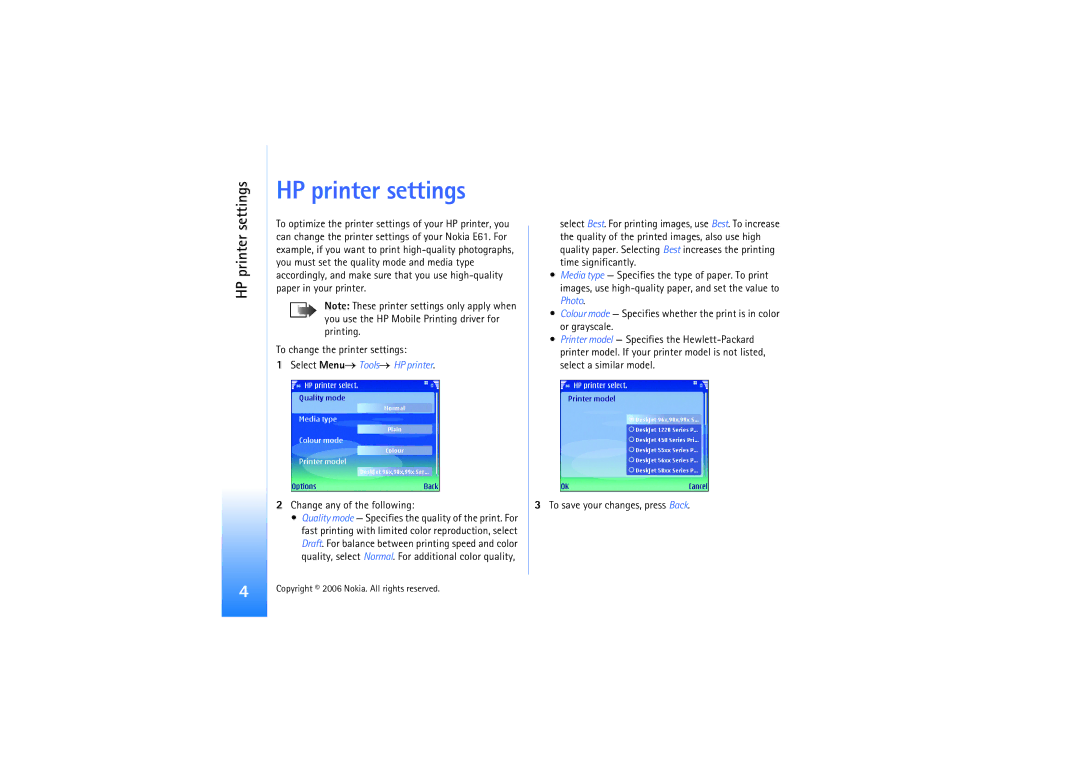 Nokia E61 manual HP printer settings, Select Menu→ Tools→ HP printer 