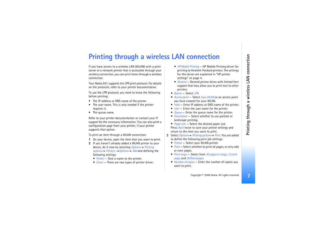 Nokia E61 manual Printing through a wireless LAN connection, Bearer Select LPR 