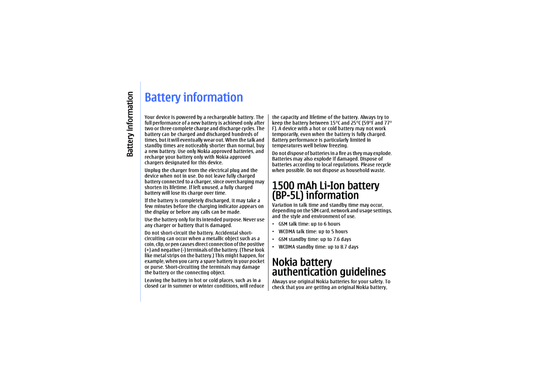 Nokia E61 manual Battery information, MAh Li-Ion battery BP-5L information 