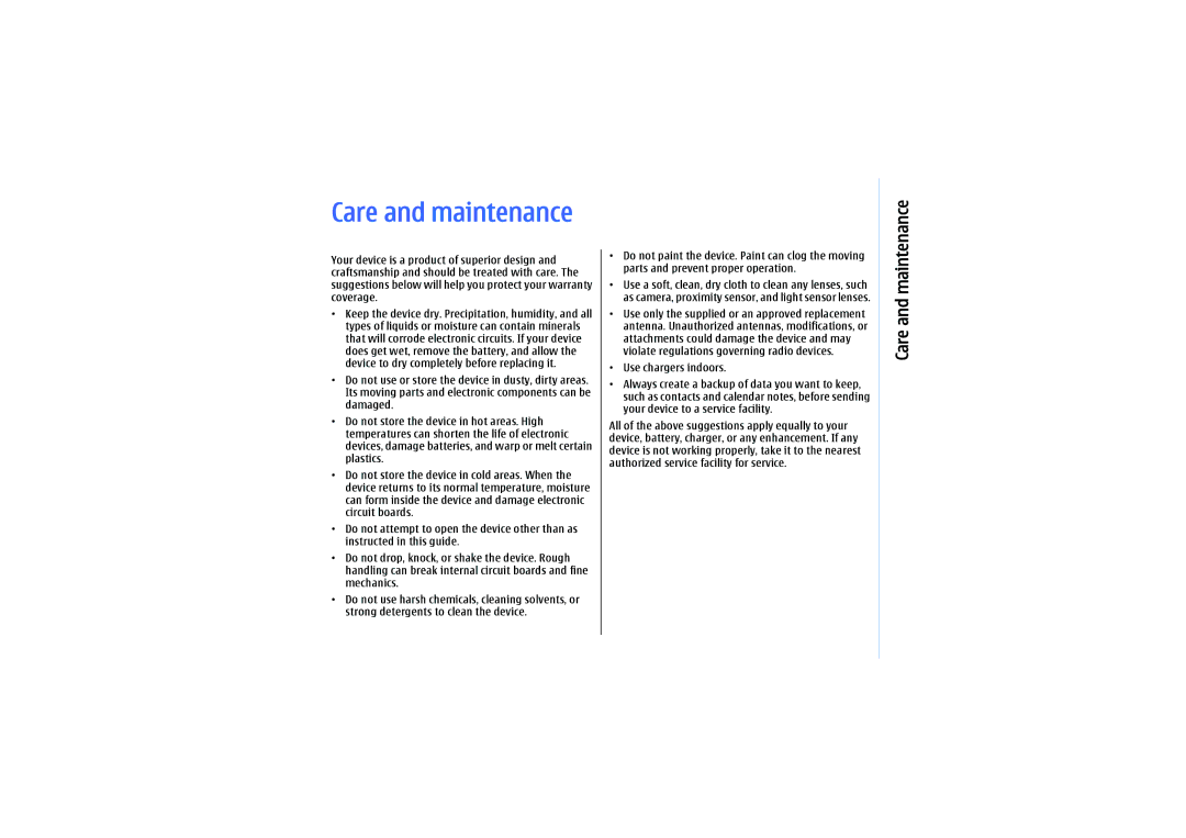 Nokia E61 manual Care and maintenance 