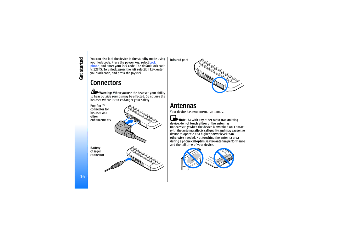 Nokia E61 manual Connectors, Antennas, Your device has two internal antennas 