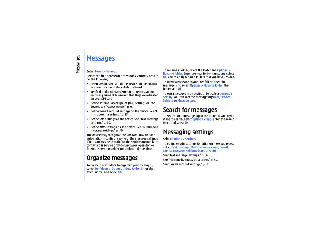 Nokia E61 manual Messages, Organize messages, Search for messages, Messaging settings 