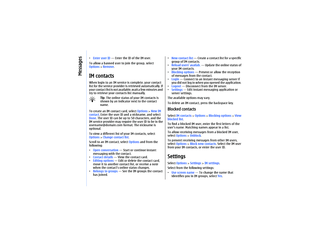 Nokia E61 manual IM contacts, Blocked contacts, Select Options Settings IM settings 