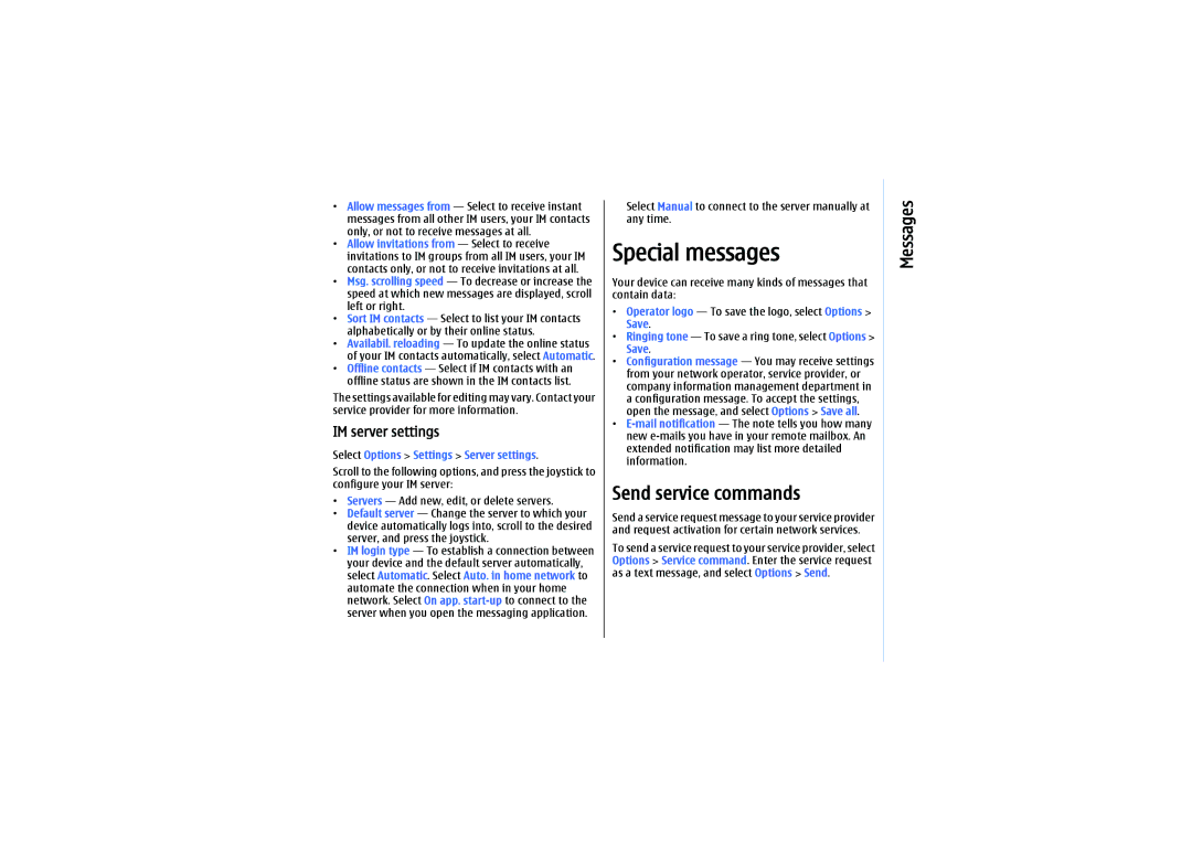 Nokia E61 manual Special messages, Send service commands, IM server settings, Select Options Settings Server settings, Save 