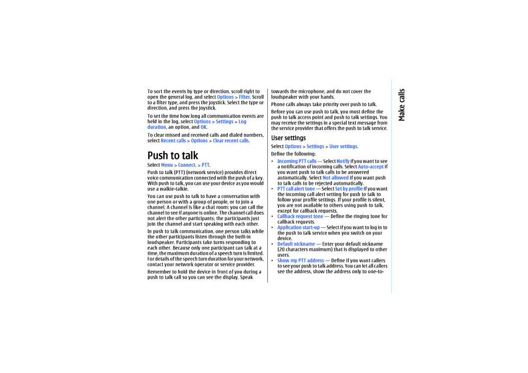 Nokia E61 manual Push to talk, Select Menu Connect. PTT, Select Options Settings User settings, Define the following 