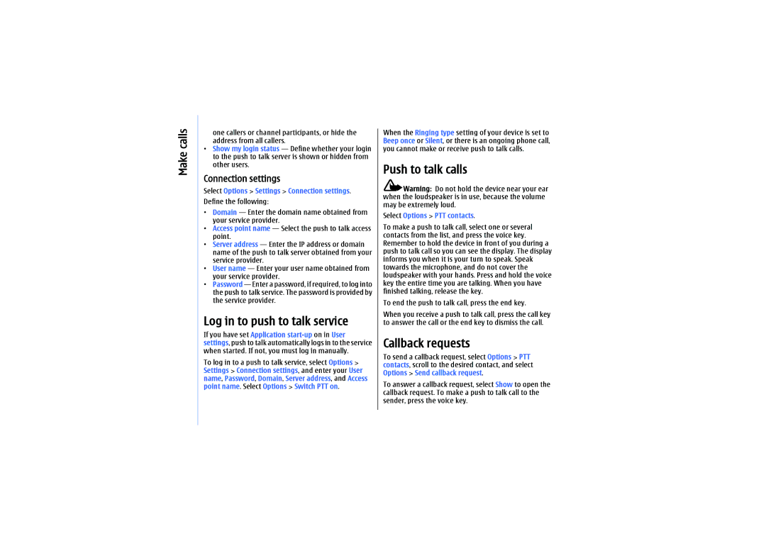 Nokia E61 manual Log in to push to talk service, Push to talk calls, Callback requests, Connection settings 