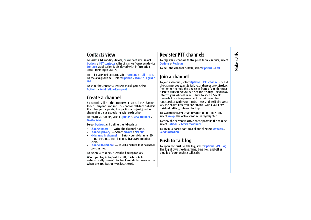 Nokia E61 manual Contacts view, Create a channel, Register PTT channels, Join a channel, Push to talk log 