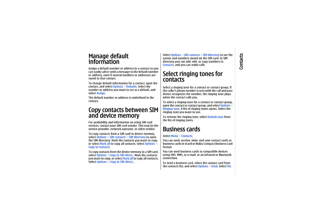Nokia E61 manual Copy contacts between SIM and device memory, Select ringing tones for contacts, Business cards 