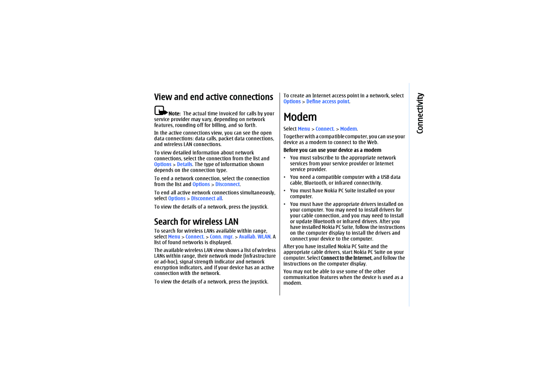 Nokia E61 manual View and end active connections, Search for wireless LAN, Select Menu Connect. Modem 