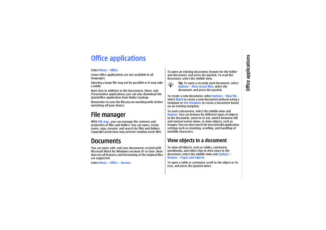 Nokia E61 manual Office applications, File manager, Documents, View objects in a document 