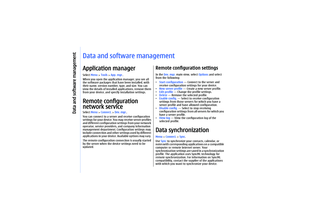 Nokia E61 manual Data and software management, Application manager, Data synchronization, Remote configuration settings 