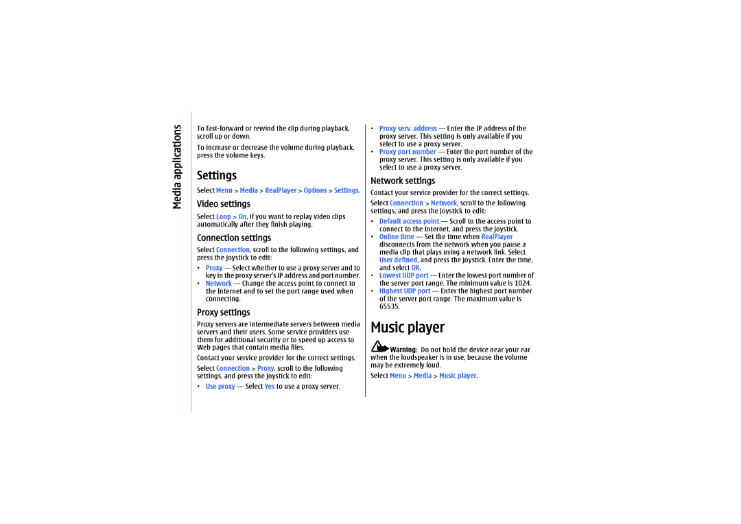 Nokia E61 manual Video settings, Proxy settings, Network settings, Select Menu Media Music player 