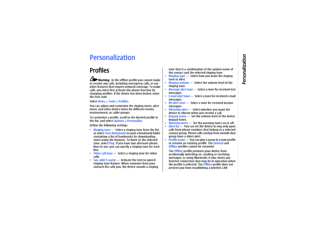 Nokia E61 manual Personalization, Select Menu Tools Profiles 