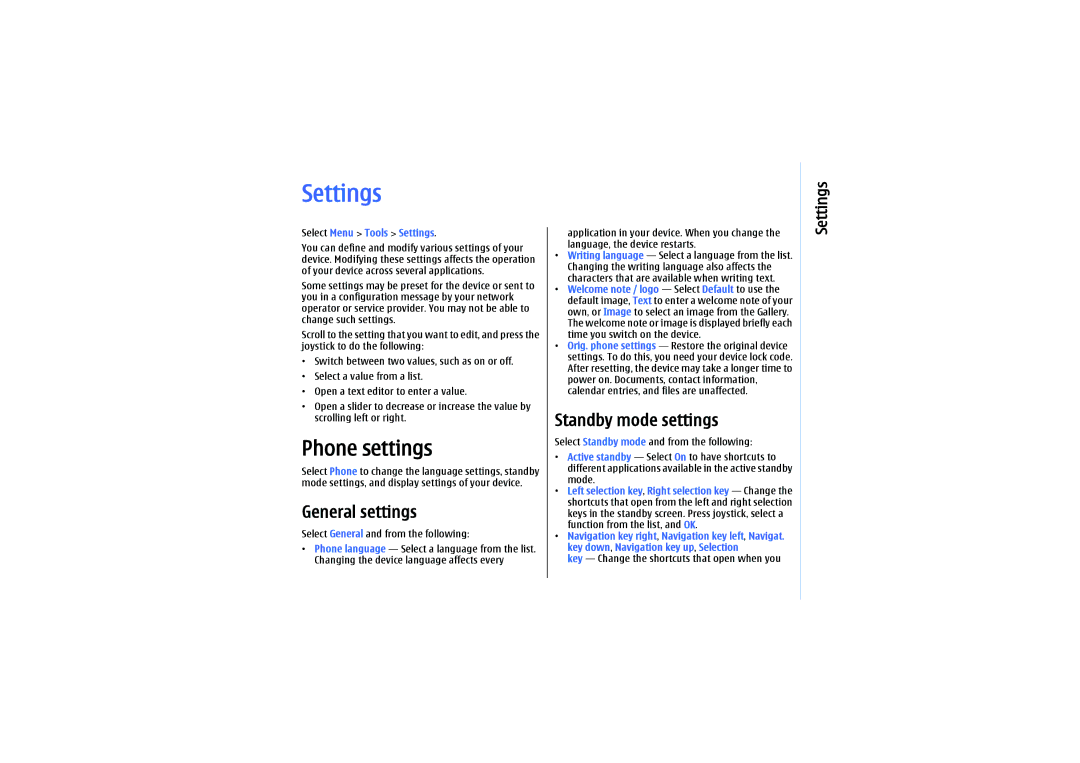 Nokia E61 manual Phone settings, General settings, Standby mode settings, Select Menu Tools Settings 