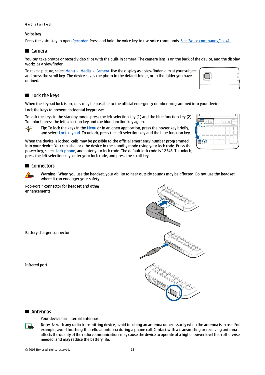 Nokia E61i manual Camera, Lock the keys, Connectors, Antennas, Voice key 