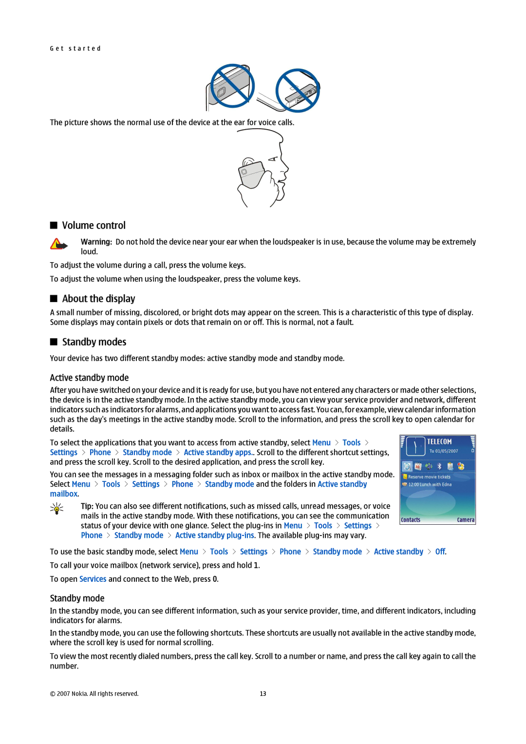 Nokia E61i manual Volume control, About the display, Standby modes, Active standby mode 