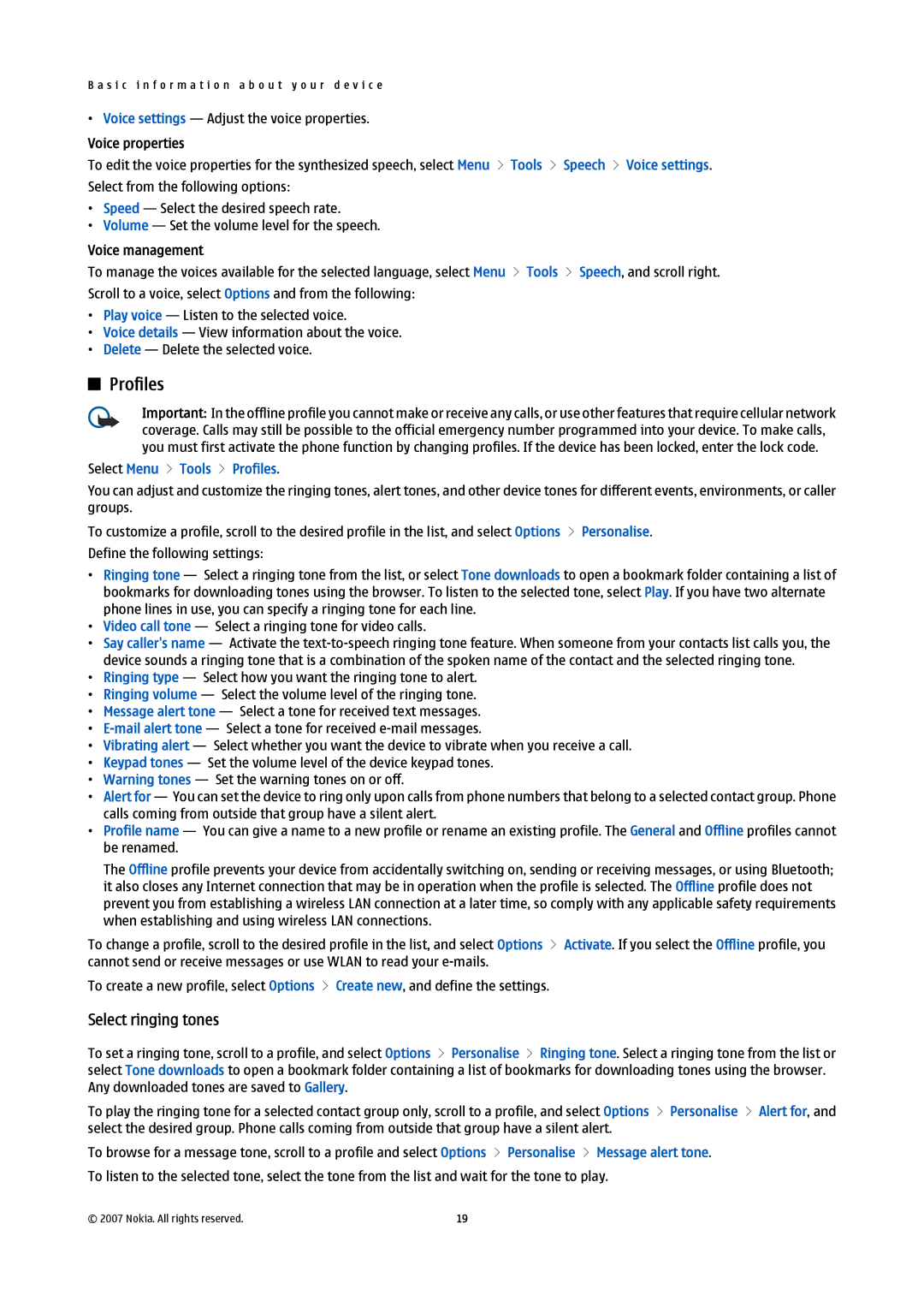 Nokia E61i manual Select ringing tones, Voice properties, Voice management, Select Menu Tools Profiles 