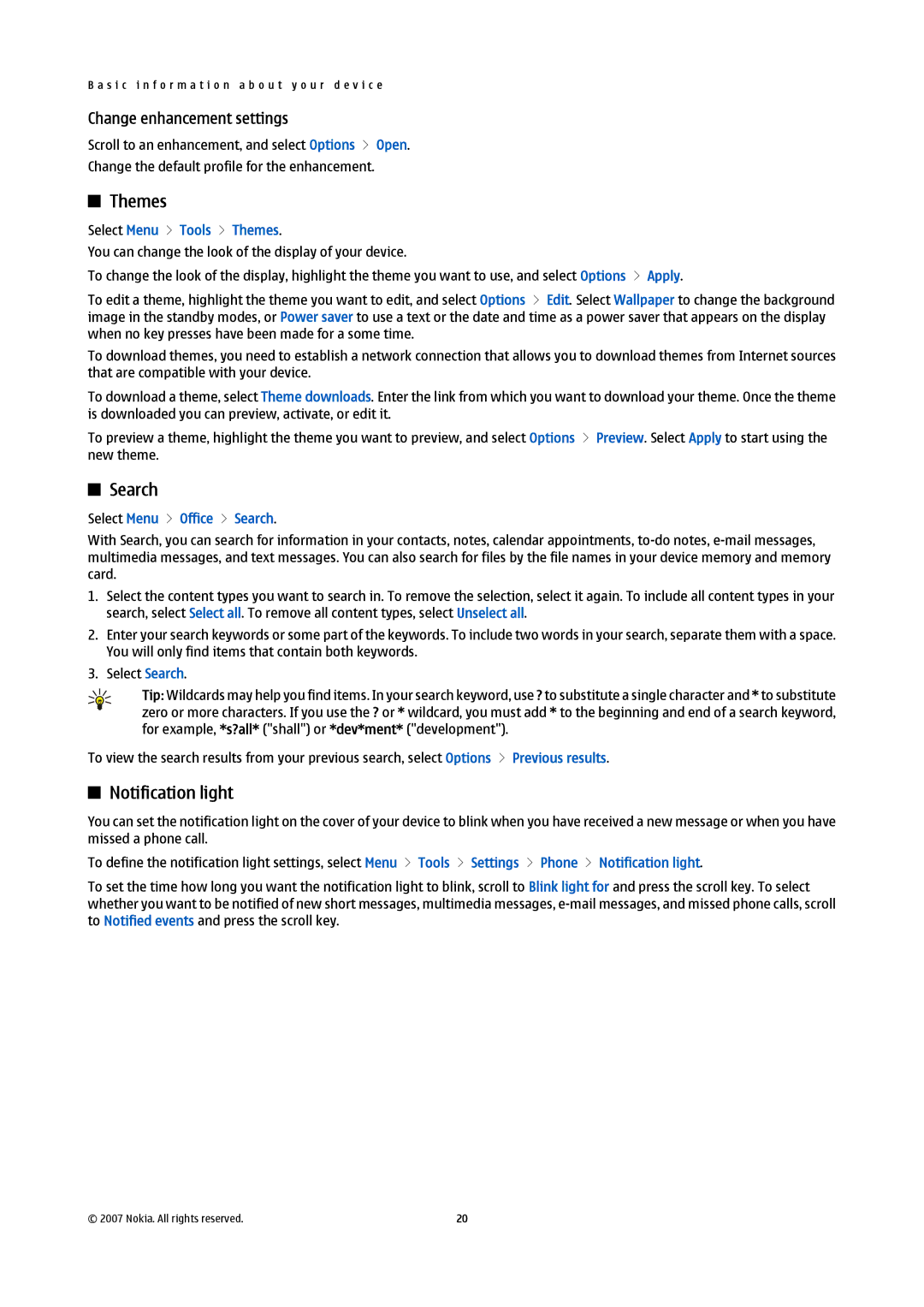 Nokia E61i manual Themes, Search, Notification light, Change enhancement settings 