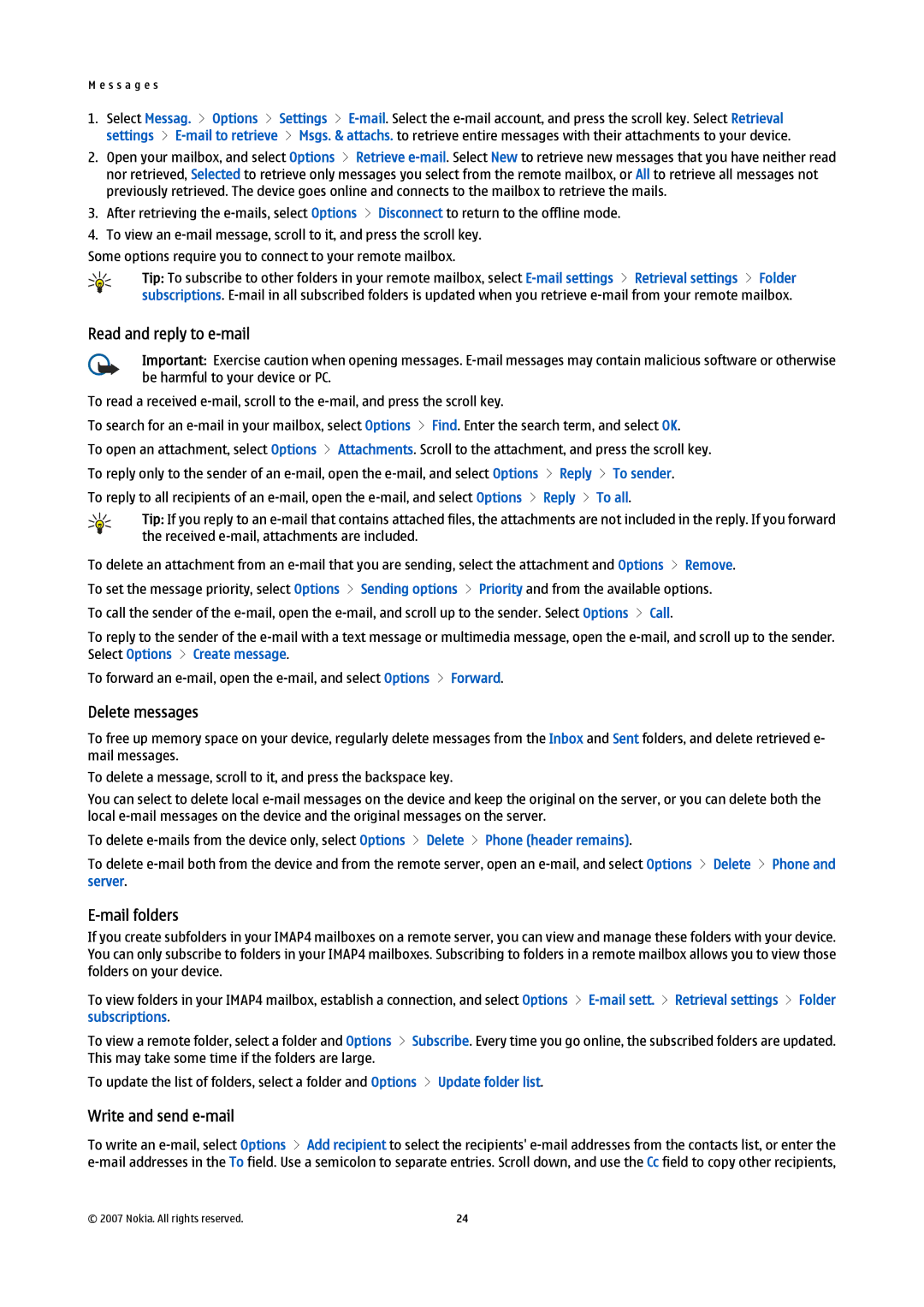 Nokia E61i manual Read and reply to e-mail, Delete messages, Mail folders, Write and send e-mail 