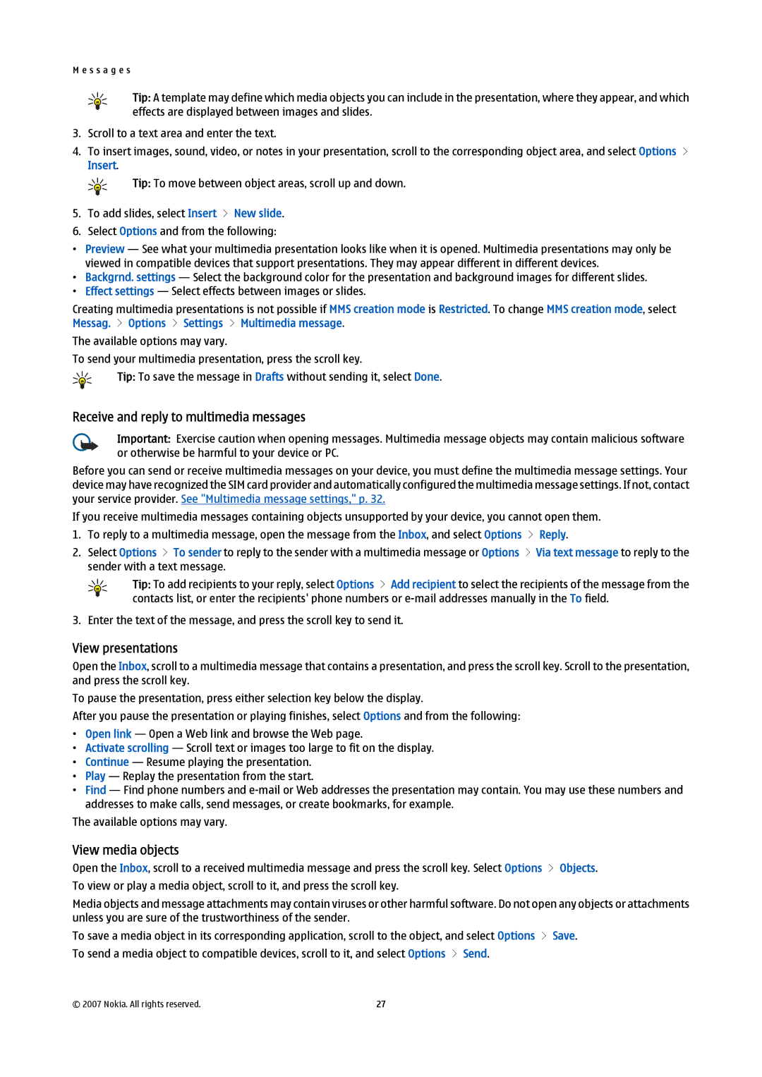 Nokia E61i manual Receive and reply to multimedia messages, View presentations, View media objects 