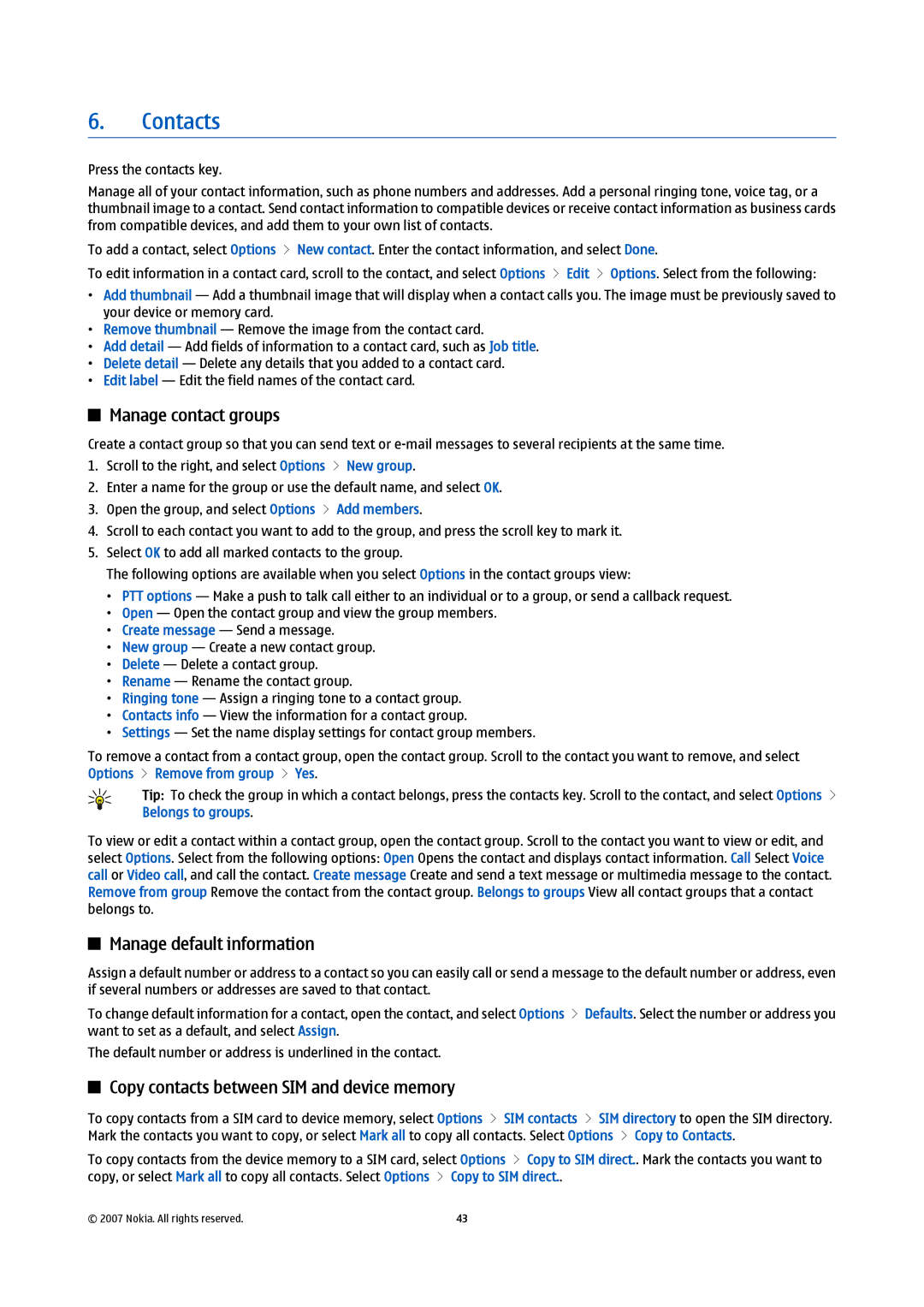 Nokia E61i manual Contacts, Manage contact groups, Manage default information, Copy contacts between SIM and device memory 