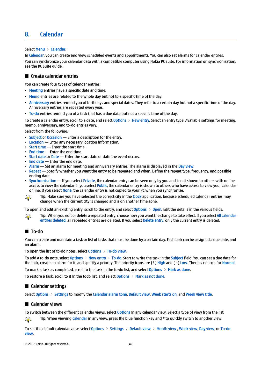 Nokia E61i manual Create calendar entries, To-do, Calendar settings, Calendar views 