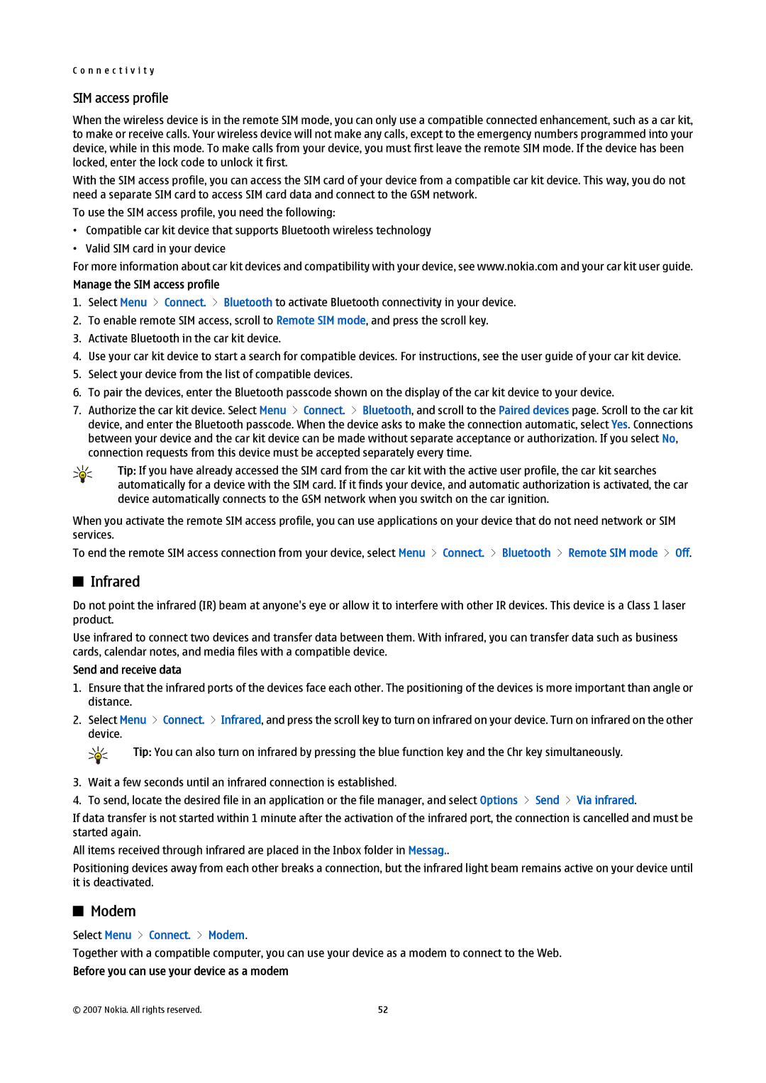Nokia E61i manual Infrared, SIM access profile, Select Menu Connect. Modem 