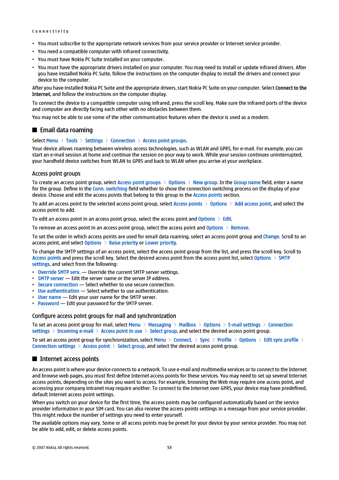 Nokia E61i manual Email data roaming, Internet access points, Access point groups 