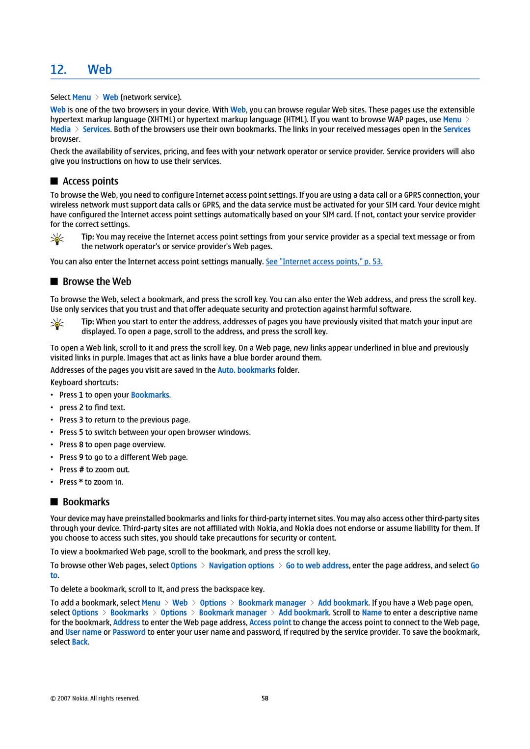 Nokia E61i manual Access points, Browse the Web, Bookmarks 