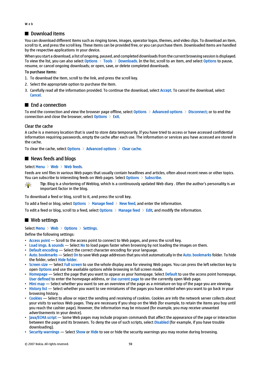 Nokia E61i manual Download items, End a connection, News feeds and blogs, Web settings, Clear the cache 